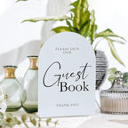 White Arch Acrylic Wedding Sign- 5"x7" Guest Book Sign and Base,1/8" Thick | Modern Calligraphy Arched Acrylic Table Sign for Wedding & Event Party