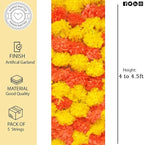 Marigold Garlands for Decorations Pack of 5 - Artificial Marigold Flowers for Decorations -Indian Decor for Pooja, Indian Flower Garland (Yellow Orange Combination | 4 to 4.5 Ft) Hashcart®