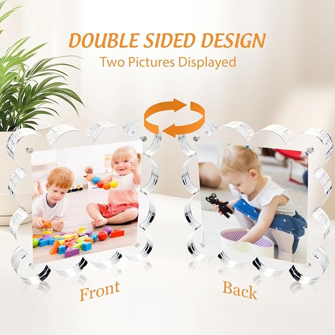 4x4 Inch Magnetic Acrylic Picture Frame,10+10mm Thick Block,Double Sided Clear scalloped frames for Desktop Display | Trendy Home Gift ((1 Pack), 4X4)