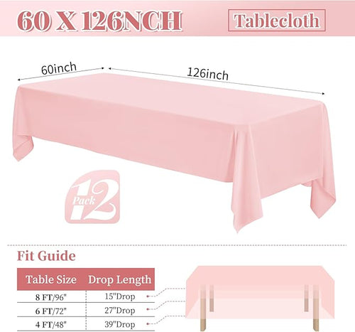 12 Pack Polyester Tablecloth 60 x 126 Inch Pink Tablecloth for 8 Ft Rectangle Tables,Stain and Wrinkle Resistant Washable Fabric Table Covers Polyester Table Clothes for Wedding Parties Banque