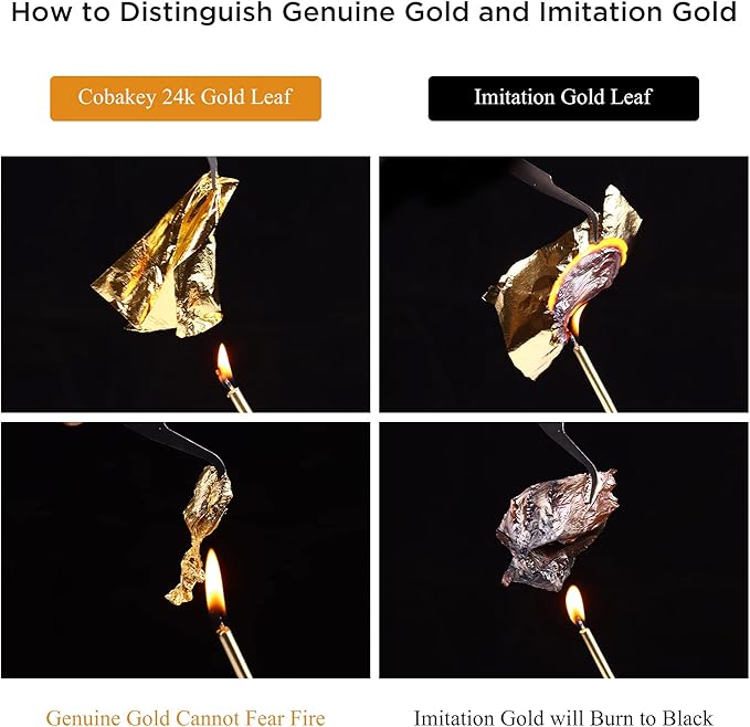 Cobakey Genuine Edible Gold Leaf Flakes - 50mg Edible Gold Flakes for Cake Decoration (Cupcake, Chocolate, Steak, Drink & Cooking), PureGold Leaf with Edible Glitter & Wooden Tweezers