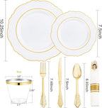 Liacere 350PCS Gold Plastic Plates-Disposable White and Gold Plates 50guest Baroque Plastic Dinnerware include 100Plates, 50Pack Pre Rolled Napkins with Silverware 50Cups for Wedding&Thanksgiving