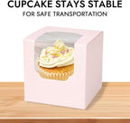 JCD 70 packs Pink Cupcake Boxes Individual Cupcake Container 3.5" x 3.5" x 3.5" Auto-Pop up Single cake Box for Bakery Gift Giving(70 Boxes+70 Inserts) (Pink/70Pcs)