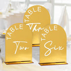 Gold Mirror Arch Wedding Table Numbers 1-25 with Stands, 5x7 Inch Acrylic Arch Sign with Holder for Wedding Reception Table Centerpiece Decoration(Gold Mirror)