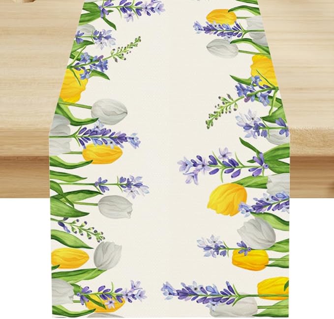 Floral Tulip Lavender Table Runner, Spring Watercolor Flower Plants Nature Butterfly Table Runner for Kitchen Dinner Living Room Home Party, 13x120 Inch
