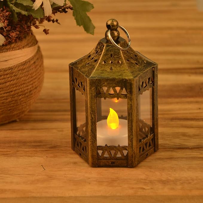 zkee Mini Star Lanterns with Flickering LED, Battery Included, Decorative Hanging Lanterns for Christmas & Indoor Use (Set of 8, Golden Brushed)
