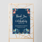 Andaz Press Personalized Extra Large Wedding Easel Board Party Sign, 12x18-inch, Vintage Bohemian Flowers on Navy Blue, Thank You for Celebrating With Us Bride Groom Name Date, 1-Pack, Custom