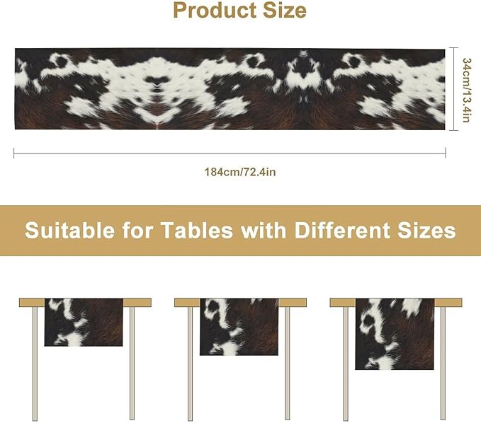 Cow Print Table Runner, Brown Cowhide Print Western Style Table Runner Country Farmhouse Cottage Cow Patten Table Decoration for Home Kitchen Dining, 13x90 Inch