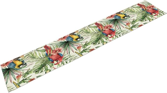 Parrot Table Runner,Tropical Palm Leaf Colorful Macaw Bird Watercolor Print Tablecloth Burlap for Hotel Indoors Outdoor Dining Room Kitchen Home Decor,W13X L70 in