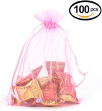 Wudygirl 100pcs Sheer Pink 5''X7 Organza Bags with Drawstring Jewelry Lipstick Pouches Baby Shower Party Wedding Favors Chocolate Candy Bags (Pink 5x7)