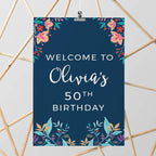 Andaz Press Personalized Extra Large Birthday Easel Board Party Sign, 12x18-inch, Vintage Bohemian Flowers on Navy Blue, Welcome to Olivia's 50th Birthday, 1-Pack, Custom Name Age