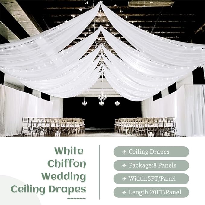 8 Panels White Ceiling Drapes 5ftx20ft Wedding Ceiling Drapes Chiffon Fabric Arch Draping Sheer Curtains Soft Drapery Draping Wedding Ceiling Decorations for Party Ceremony Stage Swag