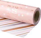 LeZakaa Reversible Pink Birthday Wrapping Paper Roll for Girls Women, Happy Birthday Lettering & Stripe Pattern with Metallic Foil in Pink, Large Roll, 30 inches x 32.8 Feet (92.9 sq.ft.)