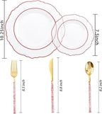 Liacere 150PCS Clear and Red Plastic Plates-Clear Red Disposable Plates with Glitter Bamboo Handle Cutlery-60 Baroque Elegant Plates,30 Forks,30 Spoons,30 Knives for Wedding&Mother's Day