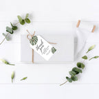 Andaz Press 100-Pack Personalized Thank You for Celebrating with Us Wedding Favor Tags with Bakers Twine Tropical Monstera Leaves Custom Cardstock Wedding Gift Tags for Party Favors 2 x 3.75-Inches