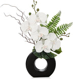 Briful Orchid Fake Flowers 16.1'' White Artificial Orchid Silk Flowers in Black Pot Faux Orchid Arrangement for Home Office Desk Modern Decoration