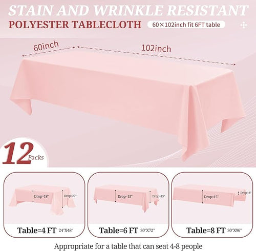 12 Pack Pink Tablecloths for Rectangle Tables 60 x 102 Inch Pink Polyester Tablecloth 6 Foot Rectangle Table Cloth Washable Fabric Table Cover for Party Wedding Banquet Restaurant Events