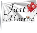 Just Married Flag Banner Outdoor Indoor Decoration Flag 3x5 FT Double Stitched Polyester with Brass Grommets (White)
