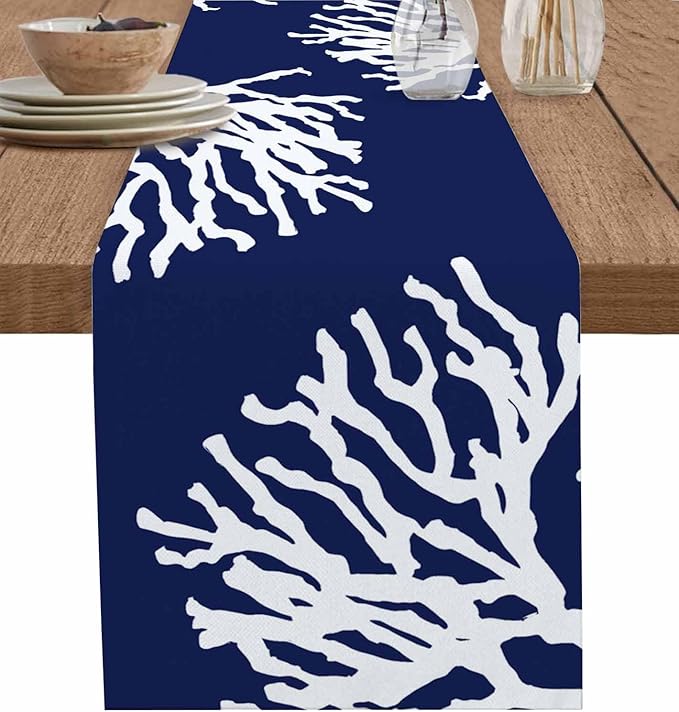 Coastal Coral Cotton Linen Table Runner for Dining Kitchen, Wedding Outdoor Party Tablerunners Decoration, Navy Blue Nautical Ocean Beach Dresser Scarf Coffee Tablecloth Runners 13x108 Inches