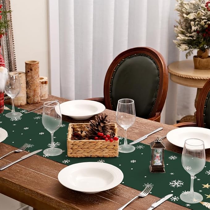 GEEORY Christmas Table Runner 13x36 Inch, Xmas Trees Snowflakes Holiday Decorative Farmhouse Table Decoration for Kitchen Dinning, Indoor Outdoor Dinner Party Decor (Green) GT152-36