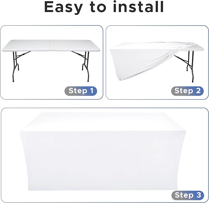 Nasitos White Fitted Table Covers Stretch Spandex - 96 x 30 Inch - 4 Pack Rectangle Table Clothes for 8 Foot Folding Tables, Fabric Tablecloths for Parties, Trade Show, Craft Show, Birthday