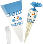 EKAPACKAGING 50Pcs 7x15 Inches Snowman Print Cone Shaped Treat Bags with Ties, Christmas Clear Cellophane Bags, Party Favor Bags for Popcorn, Cookies, Cotton Candy, Gift, and Pretzel Rod