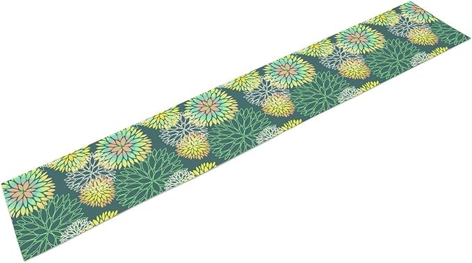 Green Dahlia Flower Table Runner, Linen Geometric Pattern Floral Table Decor Spring Farmhouse Decorations for Kitchen Dining Holiday Party Decor, 13x60 Inch