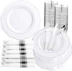 Liacere 350PCS Silver Plastic Plates-Disposable White and Silver Plates 50guest Baroque Plastic Dinnerware Set include 100Plates, 50Pack Pre Rolled Napkins with Silverware 50Cups Perfect for Chrismas