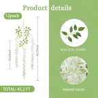 12 Pack White Green Wisteria Hanging Flowers Garland, 3.77 Feet Artificial Flower Vines, Fake Wisteria, Artificial Vines Hanging Garland for Backdrop Outdoor Yard Garden Decor