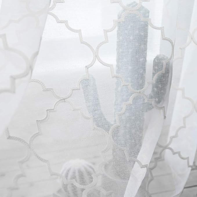 MYSTIC-HOME Sheer Curtains White 95 Inch Length, Rod Pocket Voile Drapes for Living Room, Bedroom, Floral Semi Crinkle Curtain Panels for Yard, Patio, Villa, Set of 2, 52"x 95".