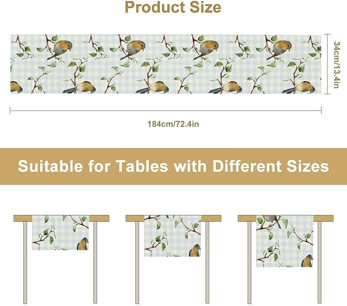 Bird Table Runner,Spring Birds Tree Blue Plaid Print Table Runner for Kitchen Dining Table Decoration Home Party Decor 13x60 Inch