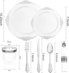 Liacere 350PCS Silver Plastic Plates&Pre Rolled Napkins for 50 Guests - Plastic Dinnerware Sets 100Silver Disposable Plates, 150Silver Silverware, 50Cups and 50Napkins for Wedding