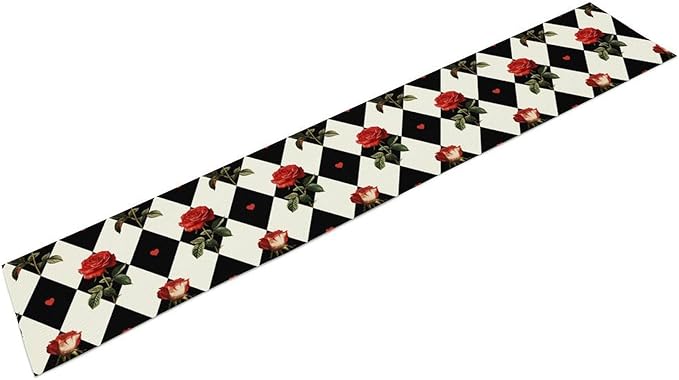 Vintage Rose Table Runner, Red Rose Hearts Black White Checkered Background Table Runner for Kitchen Dinning Table Runner Decor Home Wedding Party Holiday, 13x90 Inch