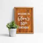 Andaz Press Personalized Extra Large Birthday Easel Board Party Sign, 12x18-inch, Rustic Barn Wood, Welcome to Olivia's 50th Birthday, 1-Pack, Custom Name Age
