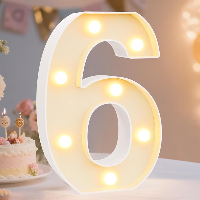 Pooqla Decorative LED Light Up Number Letters, White Plastic Marquee Lights Sign Party Wedding Decor, Battery Operated (6)