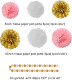 Pink-White Gold Girl Birthday Party-Decorations - 23pcs Kits Tissue Paper Pom Poms Streamers,Princess Banner Flags,Bachelorette Baby Bridal Shower Engagement Decoration Tassel Garland Lasting Surprise