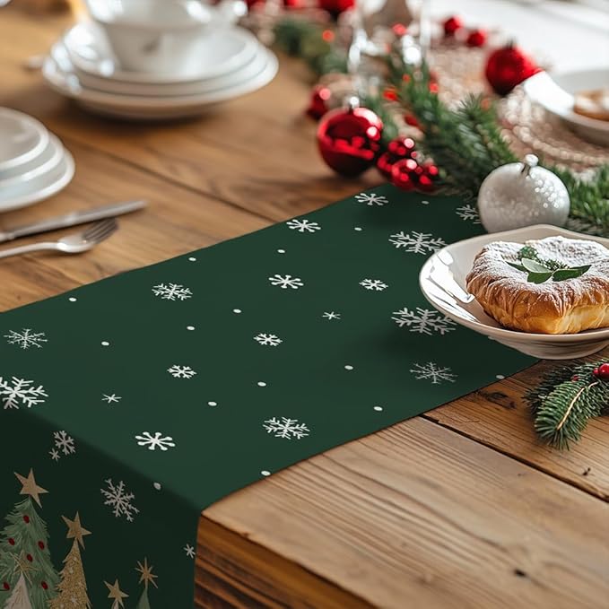 GEEORY Christmas Table Runner 13x48 Inch, Xmas Trees Snowflakes Holiday Decorative Farmhouse Table Decoration for Kitchen Dinning, Indoor Outdoor Dinner Party Decor (Green) GT152-48