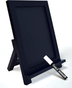 Framed Tabletop Chalkboard Sign, 9.5" x 14", Rustic Wood Frame, Small Magnetic Chalkboard with Built-in Ledge, Folding Stand, & One White Chalk Marker, by Better Office Products (Solid Black)