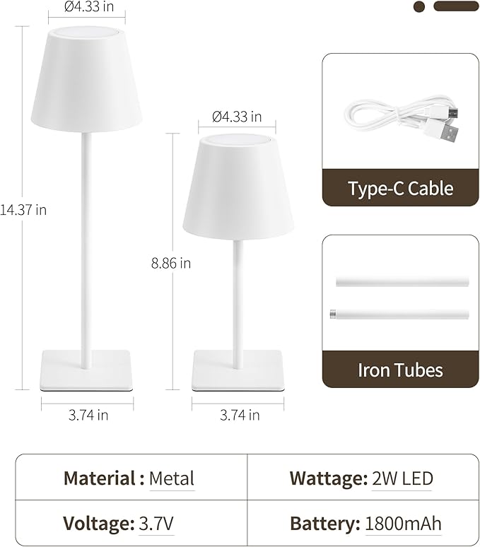 UME Cordless Table Lamp, Battery Operated Lamp - Portable Waterproof Rechargeable Table Lamp w/ 3 Color Temps & Stepless Dimming for Dinner, Desk, Cafe, Outdoor (White)