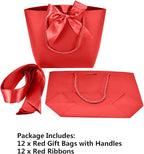 HUAPRINT Gift Bags with Handles,7.48×3.54×7.9 inches,Party Favor Bags with Bow Ribbon,12Pcs Red Paper Bags for Birthday Wedding Bridesmaid Holiday Valentine's Day