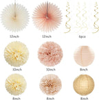 Champagne-Gold Beige Fall Baby-Shower Party-Decorations - 36pcs Welcome Home Banner Sign,Neutral Paper Lanterns,Girl Streamers Garland,Boho Hanging Tissue Pom Poms Flowers Fans Backdrop Decor Burgleda