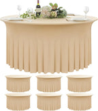 6 Pack Champagne Round Spandex Tablecloth 60 Inch, Wrinkle Free Stretch 120 Inch Fitted 5ft Champagne Table Cloths Round Table Covers with Ruffle Skirt for Party Wedding Banquet
