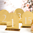 UNIQOOO Gold Mirror Arch Wedding Table Numbers with Stands 1-15, 5x7 Acrylic Display Signs and Holders, Pack of 15, Perfect for Centerpiece, Reception, Decoration, Party, Anniversary, Event