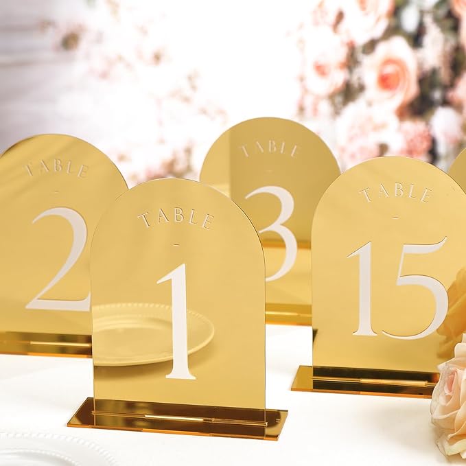 UNIQOOO Gold Mirror Arch Wedding Table Numbers with Stands 1-15, 5x7 Acrylic Display Signs and Holders, Pack of 15, Perfect for Centerpiece, Reception, Decoration, Party, Anniversary, Event