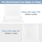 10X20ft White Photo Backdrops for Photography, LCUIRC TWO ROD POCKET White Backdrops Curtain for Parties, Polyester White background with 4 Clamps for Product Protrait Photoshoot or Parties Decoration
