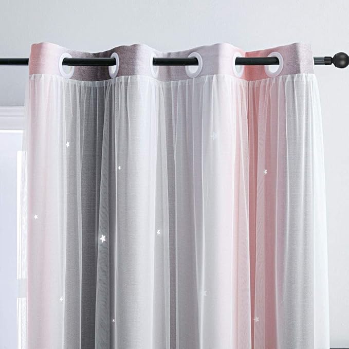 FANLI Ombre Rainbow Blackout Curtains for Kid Girls Bedroom Living Room Darking Stripe Double Layer Star Cut Out Wall Home Decor Gradient Grommet Window Curtains (Pink/Grey, 52W x 84L)