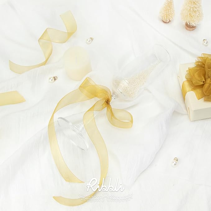Ribbli Pale Gold Organza Ribbon,1 Inches x Continuous 50 Yard, Pale Gold Sheer Ribbon for Gift Wrapping,Cookie Wrapping,Wedding Decoration,All Crafting and Sewing