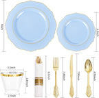 Liacere 350PCS Bule Plastic Plates - Disposable Bule and Gold Plates 50guest Baroque Plastic Dinnerware include 100Plates, 50Pack Pre Rolled Napkins with Silverware 50Cups for Wedding&Mother's Day