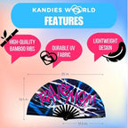 Kandies World UV Reactive Custom Festival Folding Hand Fan - Unique Designs, Made of Bamboo, Clacking Sound, Lightweight - Perfect Rave and Festival Accessory!