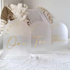 JINMURY Frosted Arch Wedding Table Numbers 1-20 with Stands, 5x7 Inch Acrylic Arch Sign with Golden Lettering, Frosted Acrylic Table Numbers for Wedding Reception